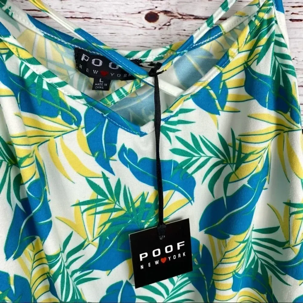 Poof Leafy Palm Print Tie‎ Front Strappy Neckline Tank Top Green Yellow Large